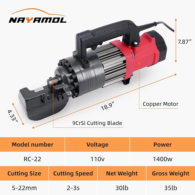 RC-22 1400W Electric Hydraulic Rebar Cutter Tool, Cuts 3/16"(5mm)–7/8"(22mm) #7 Rebar, Fast 2–3s Cutting Speed, 110V Portable Rebar Shear Machine with Pure Copper Motor and Toolbox
