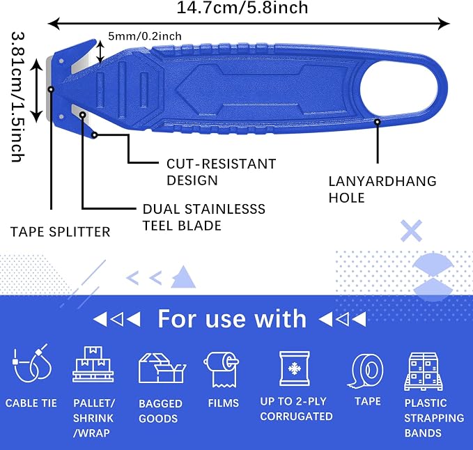 Therwen Safety Box Cutter Knife of Stainless Steel Concealed Blade Package Opener with Tape Splitter for Carton Cardboard Wrap Letter Work Bag Straps Film Utility Tool(Blue,30 Pcs)