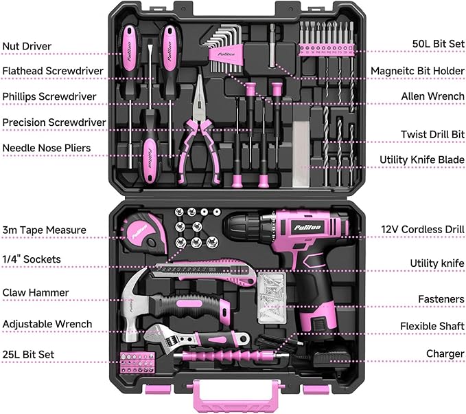 PULITUO Drill Set, 149-Piece Home Tool Set with 12V Pink Cordless Drill, ToolBox, Hand Tool Kits for Women Men, DIY Enthusiasts for Home Improvement.