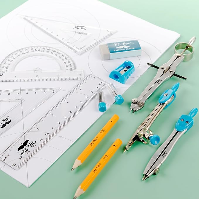 Mr. Pen 13 Piece Geometry Set with Shatterproof Storage Box, Blue