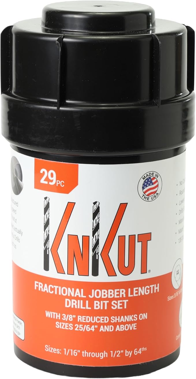 KnKut 29 Piece Drill Buddy Jobber Length Drill Bit Set with 3/8" Reduced Shank