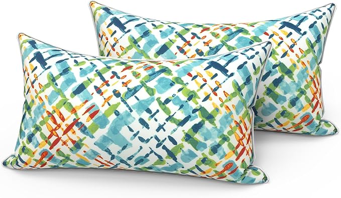 LVTXIII Set of 2 Outdoor Lumbar Pillows for Patio Furniture with White Piping, 12"x20" Fade Resistant Patio Lumbar Pillows with Inserts for Home Coach Sofa Use, Acapa Opal Geometric