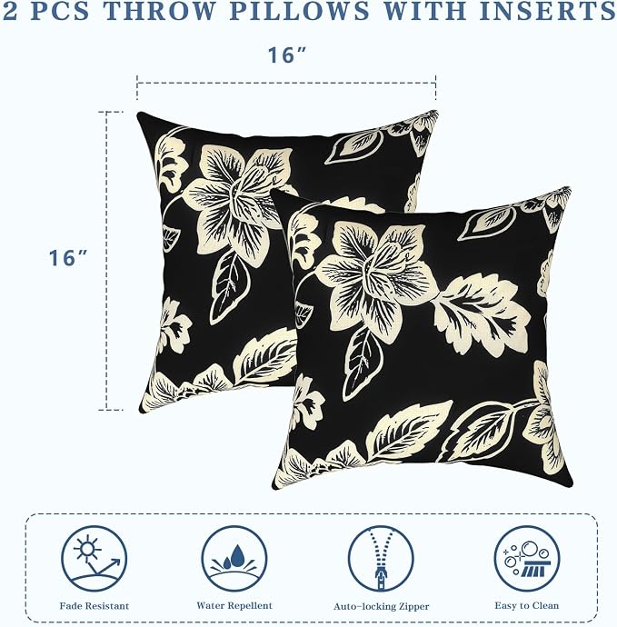 LVTXIII Outdoor Throw Pillows 16x16 Inch, Set of 2 Square Decorative Pillows with Inserts for Patio Furniture, Porch Chair, Garden Sofa, Elegant Vines Black