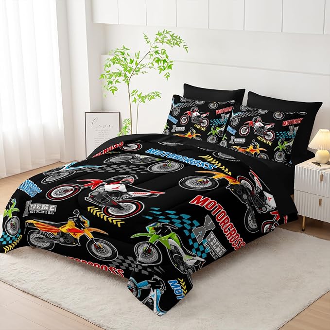 Dirt Bike Comforter Set King Size for Kids,Various Motocross Printed Sheet Set for Boys Teens Room Decor,7Pcs Extreme Sports Themed Bedding with Comforter,Fitted Sheet,Flat Sheet,Pillowcases.