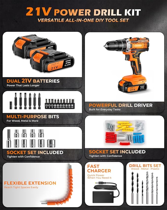 21V Cordless Drill Set with Case | Easy to Control & Lightweight | 2 Batteries | 3/8" Keyless Chuck | For Home Repair & Furniture Assembly
