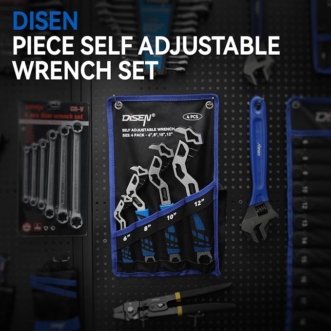 DISEN 4PCS Self Adjusting Pipe Wrench 6”, 8”, 10”, 12” | Multifunctional Self Locking Wrench Set, Plumbing Tools for Pipe Fittings and Nuts, Chromium Vanadium Steel