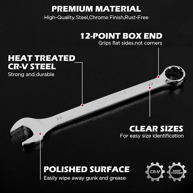 15-Piece Metric Combination Wrench Set, 8–22mm 12-Point Open End and Box End Wrench Kit with Organizer, Chrome Vanadium Steel Tools for Mechanics, Garages and Workshops