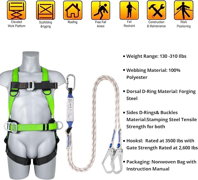 TT TRSMIMA Safety Harness Fall Protection Kit: Roofing Harness for Work | Men Construction Climbing Fall Arrest Safety Harnesses with Shock Absorbing Lanyard Rebar Hook Waist Pad