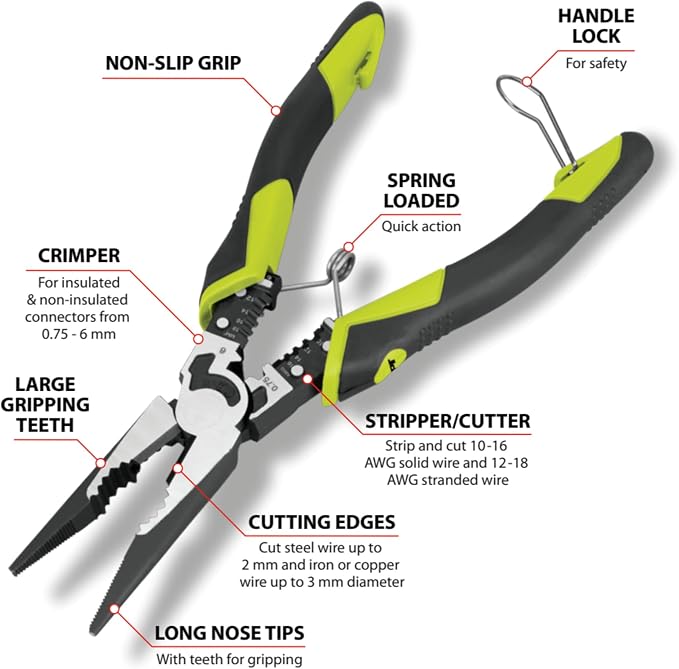 Performance Tool W86507 8-1/2 in. Multifunction Long Nose Pliers