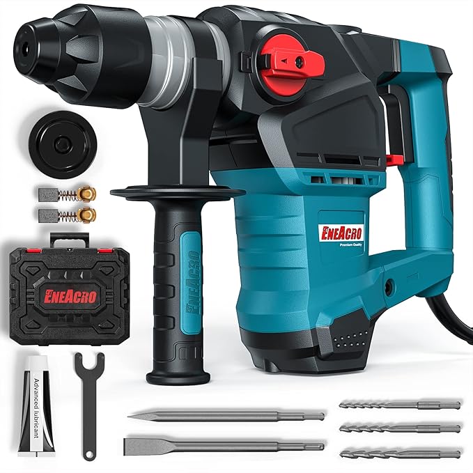 ENEACRO 1-1/4 Inch SDS-Plus 12.5 Amp Heavy Duty Rotary Hammer Drill | Safety Clutch, 3 Functions, Vibration Control, Includes Grease, Chisels, Drill Bits & Case