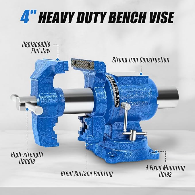 Heavy Duty Bench Vise 4“ Jaw Width and Opening, 360° Swivel Base with Anvil