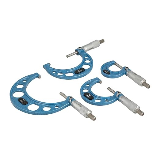 Outside Micrometer Set, 4 Pieces 0-1", 1-2", 2-3", 3-4", 0.0001" Graduation, Ultra-Precision Machinist Tools, Carbide Tips, Vernier Scale, Ratchet Stop, Includes Case