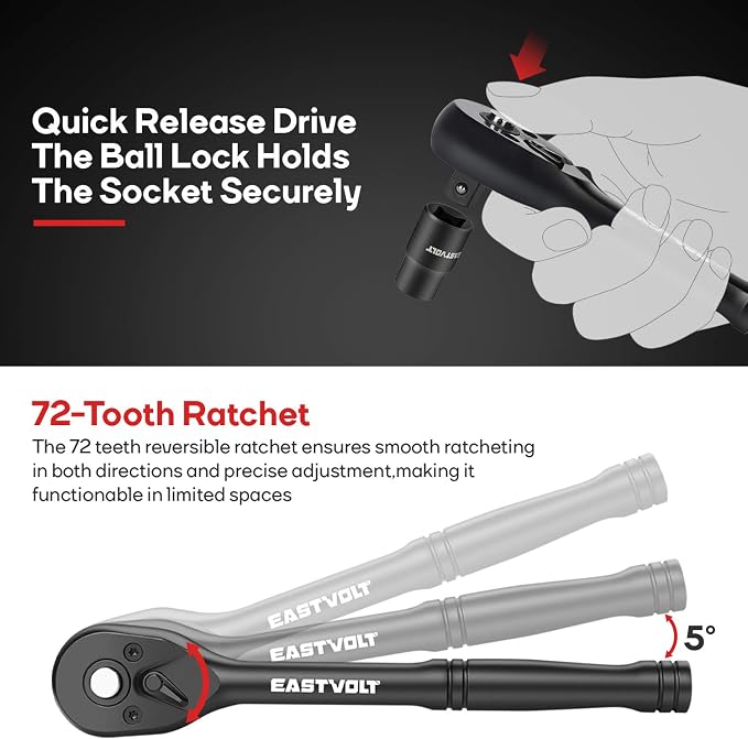Eastvolt 46 Pieces Drive Socket Ratchet Wrench Set, Mechanic Tool Kits with 72 Teeth Reversible Ratchet, Extension Bar Set and Storage Case, Metric/SAE