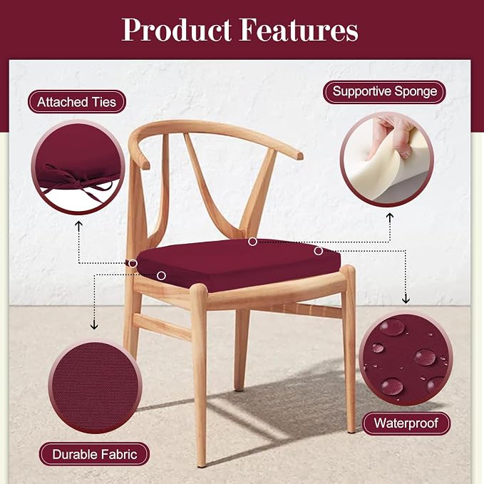 Cozyide Outdoor Chair Cushions, Waterproof Patio Seat Cushions with Adjustable Straps, Round Corner Patio Chair Cushions for Garden, Burgundy, 17x16x2 Inch (Pack of 2)