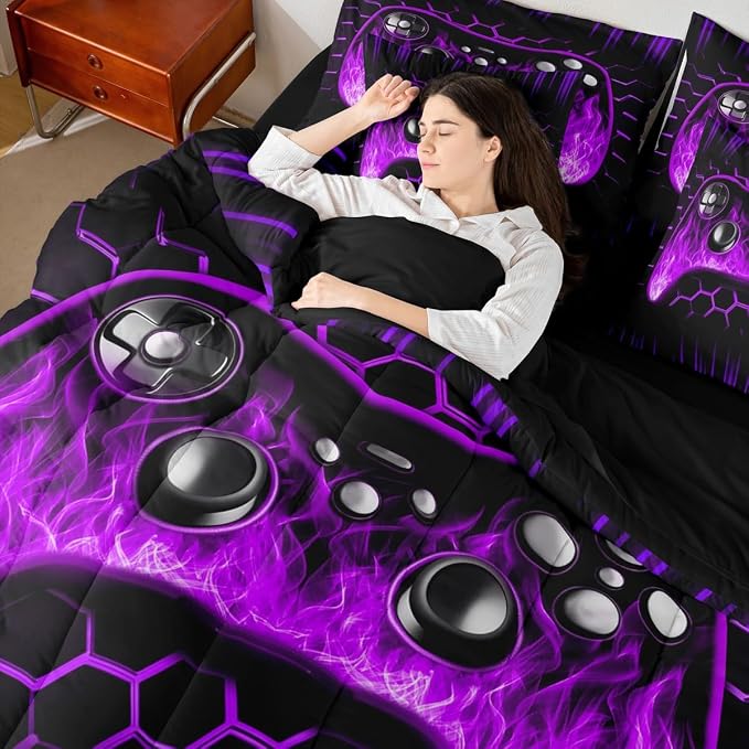 Erosebridal Boys Gaming Bed in a Bag Queen Comforter Set 7 Piece Ombre Art Honeycomb Bedding Set Purple Neon Lights Sheet Set Game Console Bed Set Geometric Hexagon Beehive Gaming Room Decor