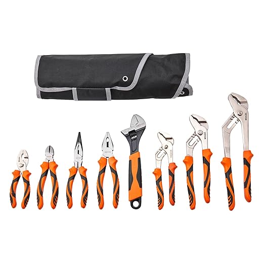 VEVOR 8-Piece Pliers Set with Tool Roll, High Carbon Steel-12"/10"/8" Groove Joint -8"Linesman's -6" Slip Joint Pliers-8" Long Nose Pliers-6" Diagonal Cutter-10" Adjustable Wrench