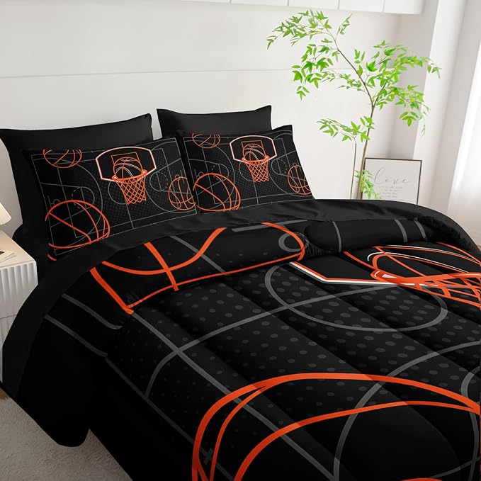 Basketball Court Print Full Comforter Set for Boys,7Pcs Ball Sports Games Themed Bedding Set for Teens Kids Bedroom Decor,Soft Lightweight Comforter,Fitted Sheet,Flat Sheet,Pillowcases.