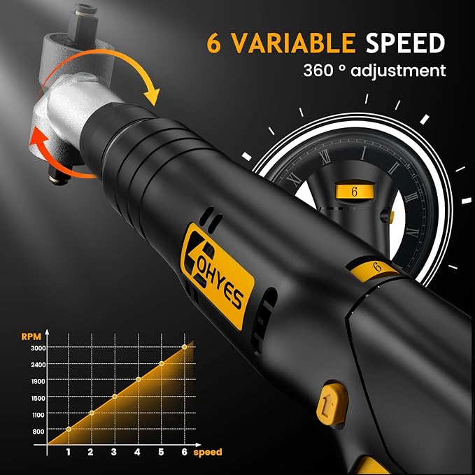 Cordless Right Angle 1/2'' Impact Wrench + 1/4''Driver fit for DeWALT 20v Max Battery 6 Variable Speeds 360 Degree Adjustable Head For Auto Service Plumbing & DIY Projects(Battery not included)