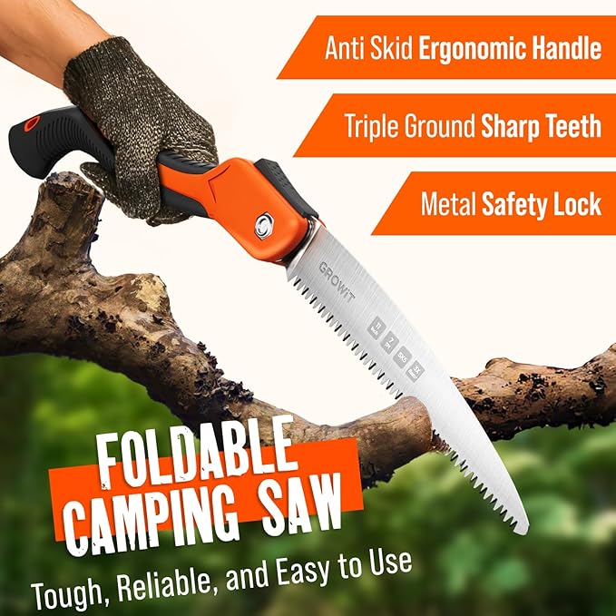 GROWIT Folding Camping saw 11 Inch - Heavy Duty Pruning Saw with Triple-Cut SK5 Blade, 7 TPI Razor Teeth for Tree Trimming, Wood Cutting, Camping, Bushcraft, and Gardening