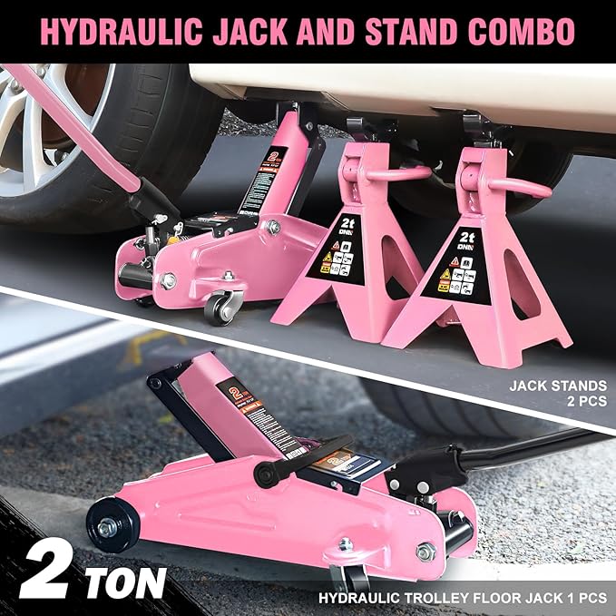 DNA Motoring 2 Ton Car Jack and Stands Kit 2T(4000 lbs) Capacity Low Profile Hydraulic Trolley Service/Floor Jack with 2 Ratchet Stands Combo for Home Garage Shop, Pink, TOOLS-00476-PK