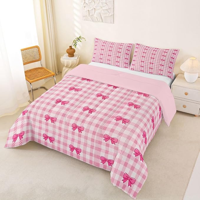 Feelyou Pink Grid Bowknot Comforter Set All Season Bow Checkered Bedding Set with 2 Pillow Cases Princess Microfiber Kids Full Bedclothes Bedroom Decor Duvet Quilt Breathable Soft Lightweight