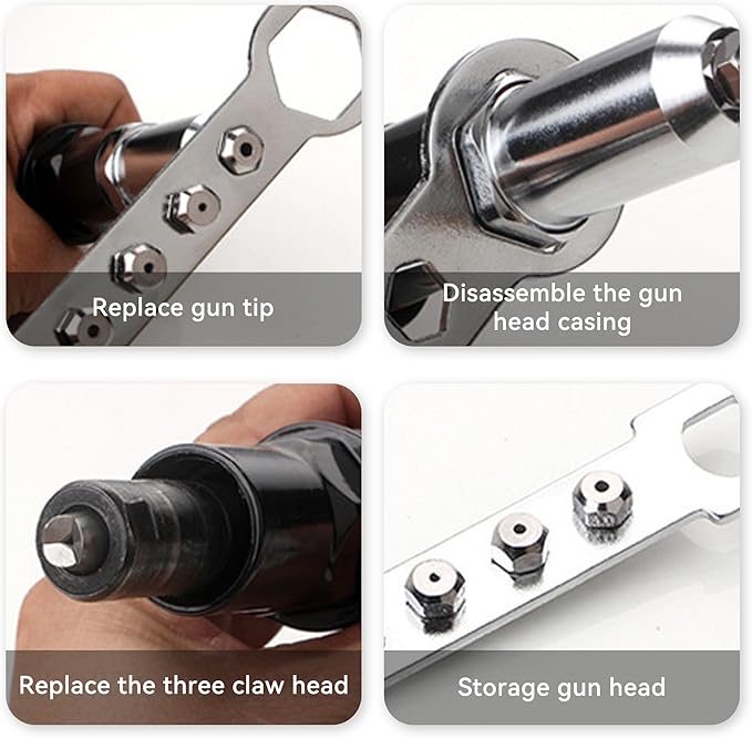 Pop Rivet Gun Adapter Kit, Rivet Drill Attachment with 4 Rivets Heads 2.4mm/3.2mm/4.0mm/4.8mm, Cordless Rivet Gun Power Drill Adaptor Kit, Cordless Electric Drill Riveter Insert Nut Tool
