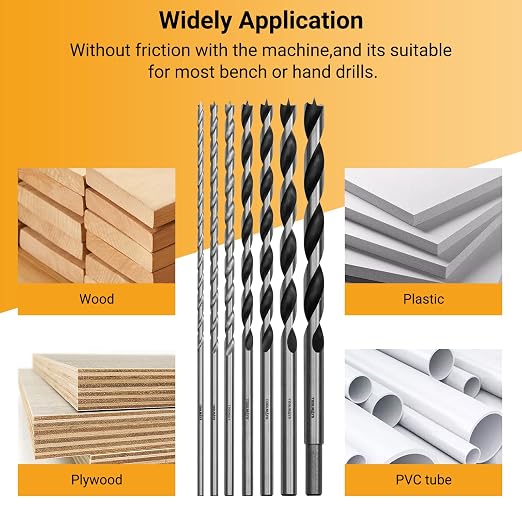 Extra Long 9.05" Brad Point Wood Drill Bit Set Imperial - 7 Pack Carpenters Quality - Drill Splinter-Free Perfectly Round Holes in All Types of Wood (1/8",3/16",1/4", 5/16",3/8",7/16",1/2")