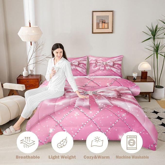 Feelyou Pink Bowknot Comforter Set All Season Ribbon Glitter Bow Bedding Set with 2 Pillow Cases Dreamy Princess Microfiber Kids Full Bedclothes Bedroom Decor Duvet Quilt Breathable Soft Lightweight