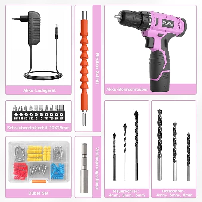FADAKWALT Cordless Drill Set, 12V Power Drill Set with Battery and Charger, 3/8'' Keyless Chuck, 21+1 Torque Setting, 180 inch-lbs, Pink Electric Drill for Women's Garden DIY Projects（Pink)