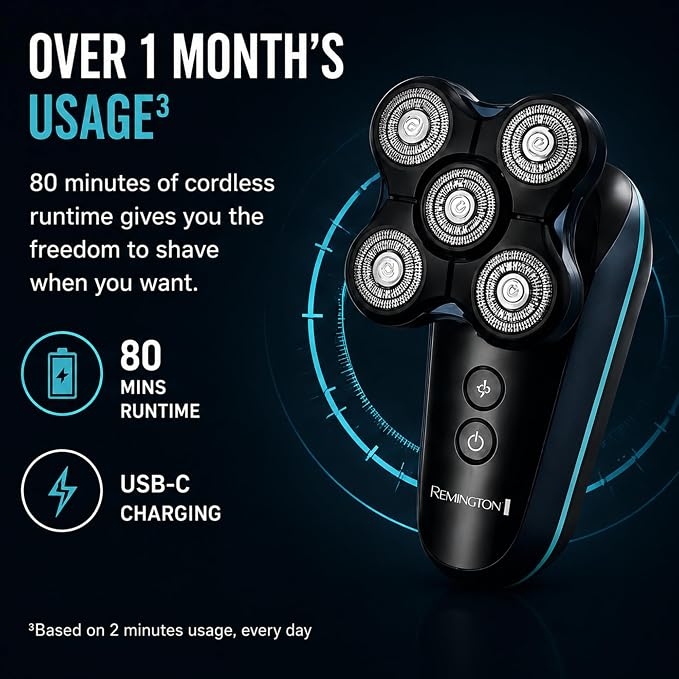 Remington Balder Head & Beard Rotary Shaver, 5 Flex Blades, DURADRIVE Motor with Turbo Boost, Cordless Wet/Dry Electric Razor with T-Blade Trimmer & Combs