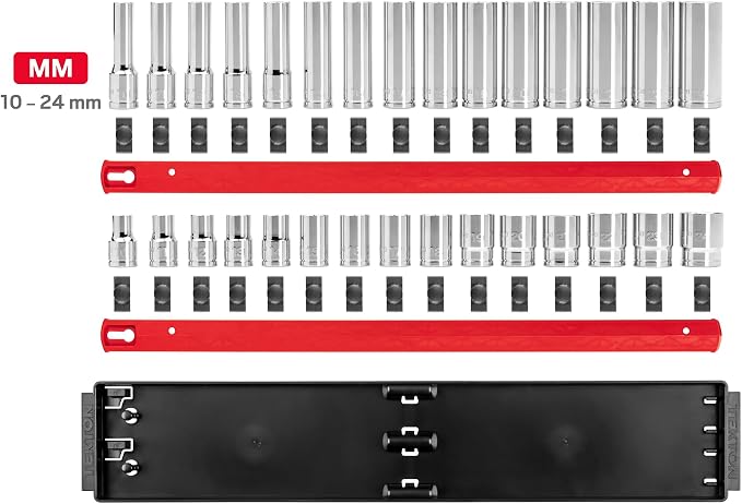 TEKTON 1/2 Inch Drive 6-Point Socket Set, 30-Piece | SHD92211 | (10 - 24 mm), Shallow and Deep, Socket Rail