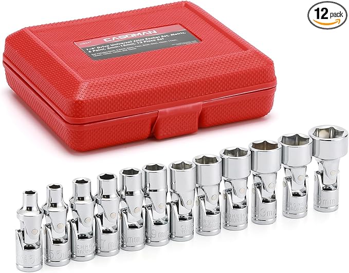 CASOMAN 12PCS 1/4" Drive Universal Flex Socket Set, Metric, 5mm to 15mm, 6-Point, CR-V, Swivel Head, 360 Degree Access