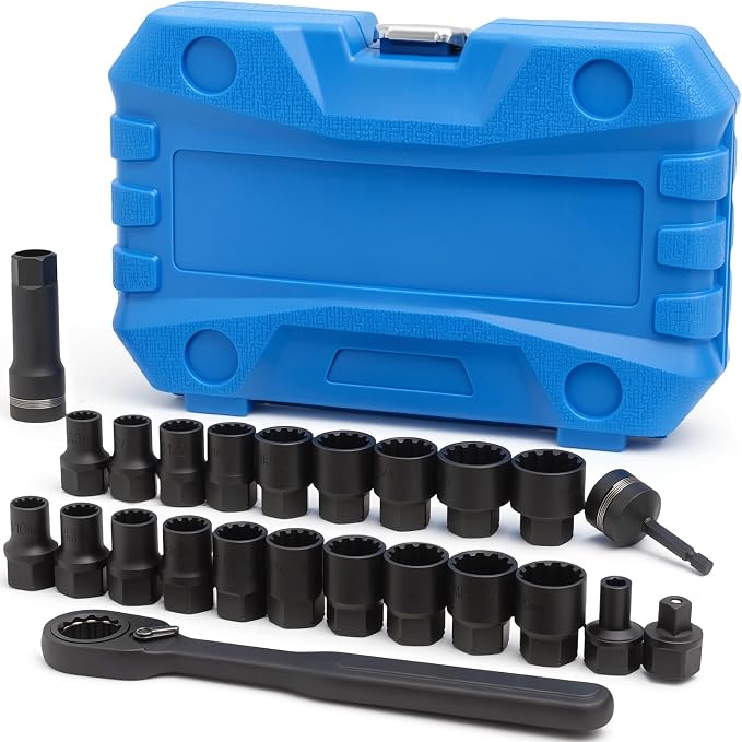 24 Piece 3/8" Through-Bolt Socket Set, 2-in-1 Ratchet (72-Tooth) | 12-point serrated through-hole Metric and SAE sockets