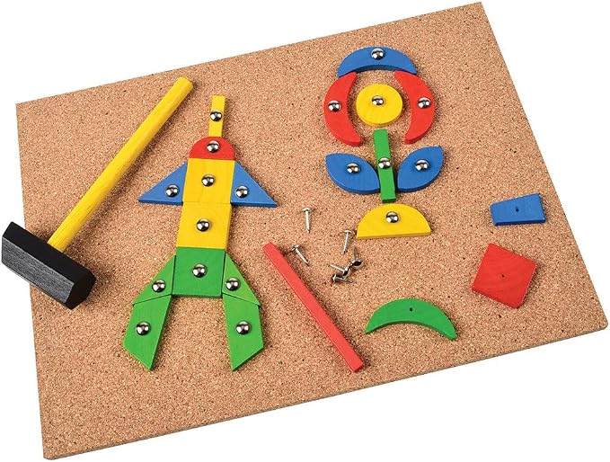 Hammer & Nail Design Kit – Montessori STEM Engineering & Geometry Building Set with 60 Wooden Tiles, Tacks, Hammer & Reusable Cork Board