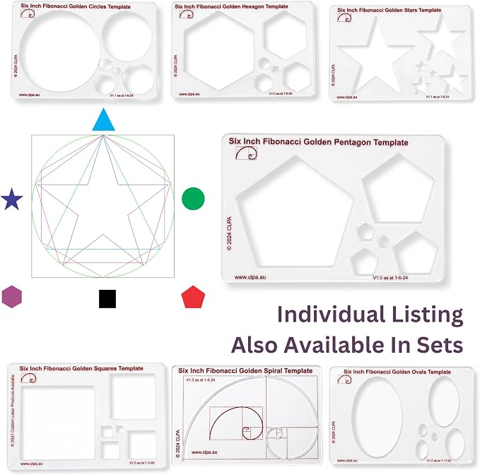 Fibonacci 6" Pentagon Drawing Template, Golden Ratio Stencil | Australian Designed and Made; Geometric Stencil for Art; Drafting and Quilting; PETG