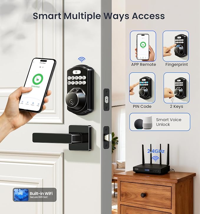 Veise VE012W-L WiFi Fingerprint Deadbolt Lock with Handle Set, Matte Black | Built-in WiFi, APP Remote & Voice Control, Real-time Alert, Smart Keyless Entry for Front Door, Back-Lit Keypad, Auto Lock