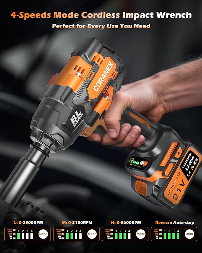 1/2" Cordless Impact Wrench | 1300N.m (960ft-lbs) | 2x4.0Ah Batteries - Longer Runtime | Fast Charger | Variable Speed Control | Brushless High Torque Impact Gun for Car/Mower/Pickup with Case