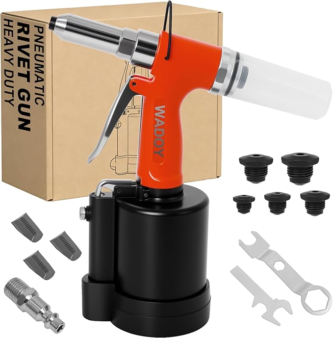 Wadoy Heavy Duty Air Rivet Gun, 3924 LBF Professional Pneumatic Pop Riveter with 5 Nosepieces (3/32", 1/8", 5/32", 3/16", 1/4"), Air Hydraulic Rivet Tool for Automotive, Metal Work & Industrial Use
