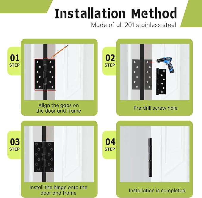 6 Pack Black Door Hinges 6 Inches Ball Bearing Hinges Heavy Duty Stainless Steel Hinge with Screws, Square Corner, Smooth and Quiet