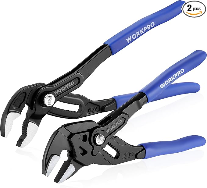 WORKPRO 2 PCS 7-Inch Pliers Wrench & 10-Inch Groove Joint Pliers Set, CR-V | Quick Adjustment, Smooth Jaw & V-Jaw, Upgraded Wide Opening, Ergonomic Grip - for Plumbing, Pipe Work, DIY Projects