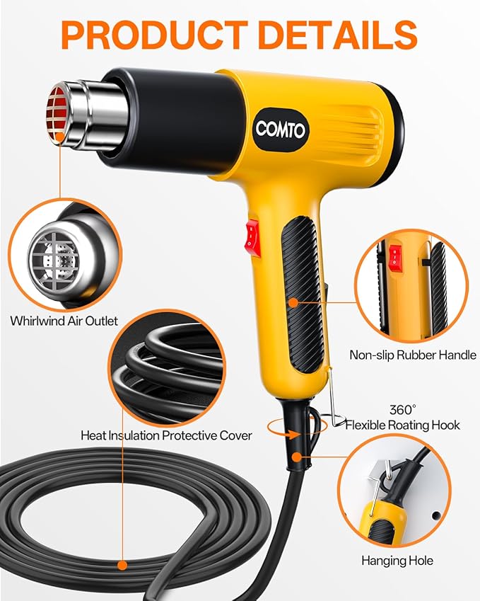 1600W Heat Gun, Hot Air Gun with 2 Temp Settings, 4 Nozzles, Overheat Protection, for Shrink Tubing, Shrink Wrap, Crafting, Resin, and DIY Projects - Yellow