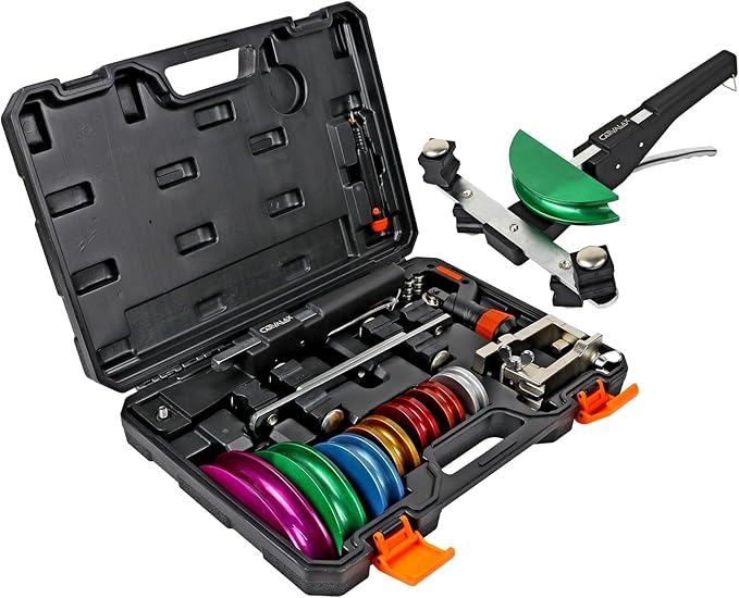 CARVALAX Pipe Tube Bender Set, for 1/4” to 7/8” O.D, 90° Ratcheting Tubing Bender Kit with Reverse Bending Adapters and 7 Multi-Color Aluminum Heads, for HVAC Air Condition Heating Repair