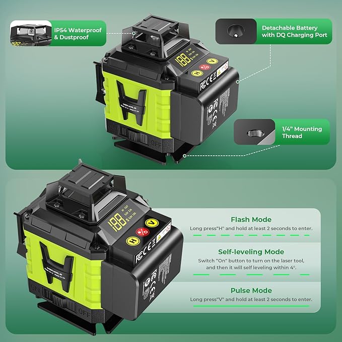 16 Line Laser Level 360 Self Leveling, 4x360°Professional 4D Green Cross Line laser Level with 2 Batteries, Adjustable Brightness & Remote Control, for Tiling Floor Construction and Picture Hanging