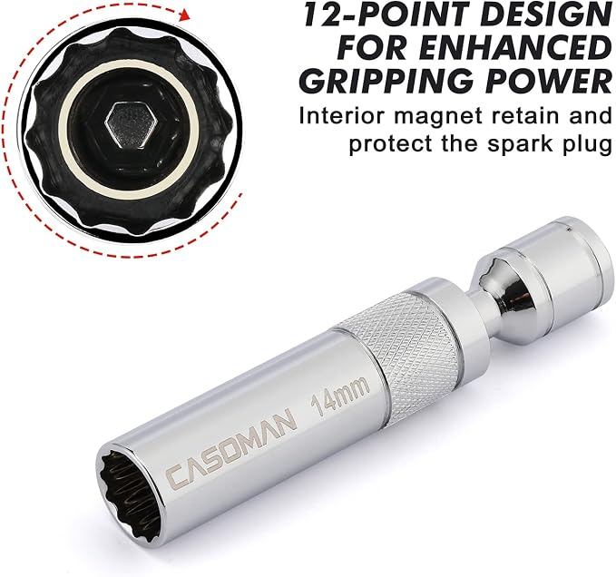 CASOMAN 6PCS 3/8-Inch Drive Magnetic Swivel Spark Plug Socket Set, Include 9/16-Inch, 5/8-Inch, 13/16-Inch, 14mm Socket, Length: 4-Inch, 6-Inch, 11-Inch, 12-Point, CR-V