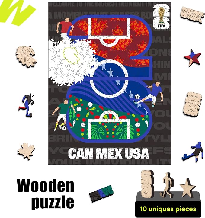 FIFA CAN/MEX/USA Logo Field - Wooden Puzzle for Adult, 300 Pieces Irregular Shape Puzzle, 5MM Thick, Creative Collectible Gift for Fans, Officially Licensed Product, 10 x 14.5