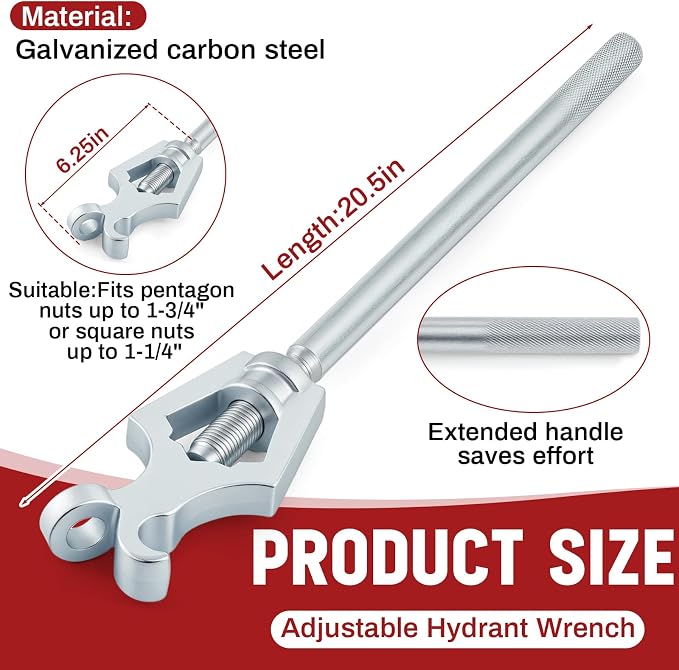 Tandefio 1 Pcs Fire Hydrant Wrench, Pentagon 1-3/4"/square 1-1/4", Silver | Adjustable Hydrant Key for Utility Crews, Multifunctional Hydrant Wrench for Tightening Fire Nuts Tightening Water Pipes