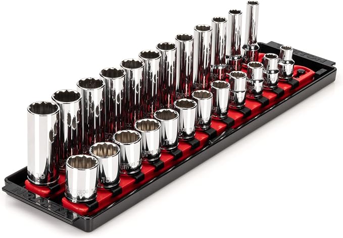 TEKTON 3/8 Inch Drive 12-Point Socket Set, 24-Piece | SHD91216 | (8 - 19 mm), Shallow and Deep, Socket Rail
