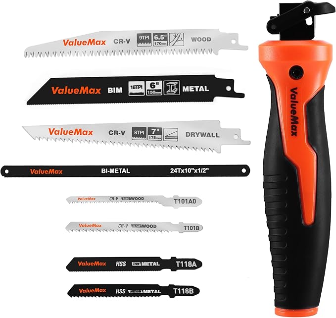 Valuemax 8-In-1 Multi-Blades Hand Saw, Quick-Change Mechanism Hacksaws with TPR Handle, Drywall/Jab/Pumpkin Carving Saw, CRV & Bimetal Blades, Handsaws for Wood, Metal, Plastic and Plywood