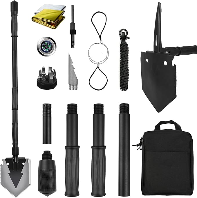 Camping Shovel 38 inch, Folding Shovel, with Pickaxe, Survival Tactical Multitool, Military Compact Tool, 180 Degree Portable Spade for Off-Roading, Backpacking, Hiking, Car Emergency