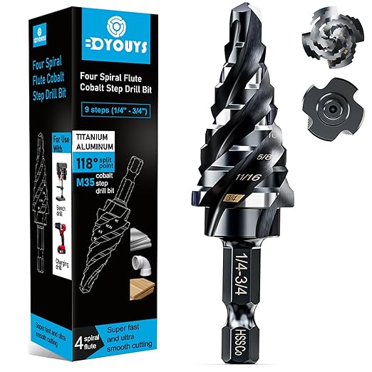 M35 Four Spiral Flute Step Drill Bit Set 1/4"-3/4" （9 Sizes）, 1/4" Hex Shank Unibit Step Drill bit, Impact Resistant M35 Cobalt Step Drill Bit, for Stainless Steel, Wood, Aluminum, Plastic